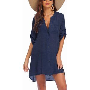 Women Navy Blue 100% Polyester V-Neck Button Down Bathing Swimsuit Beach Shirt